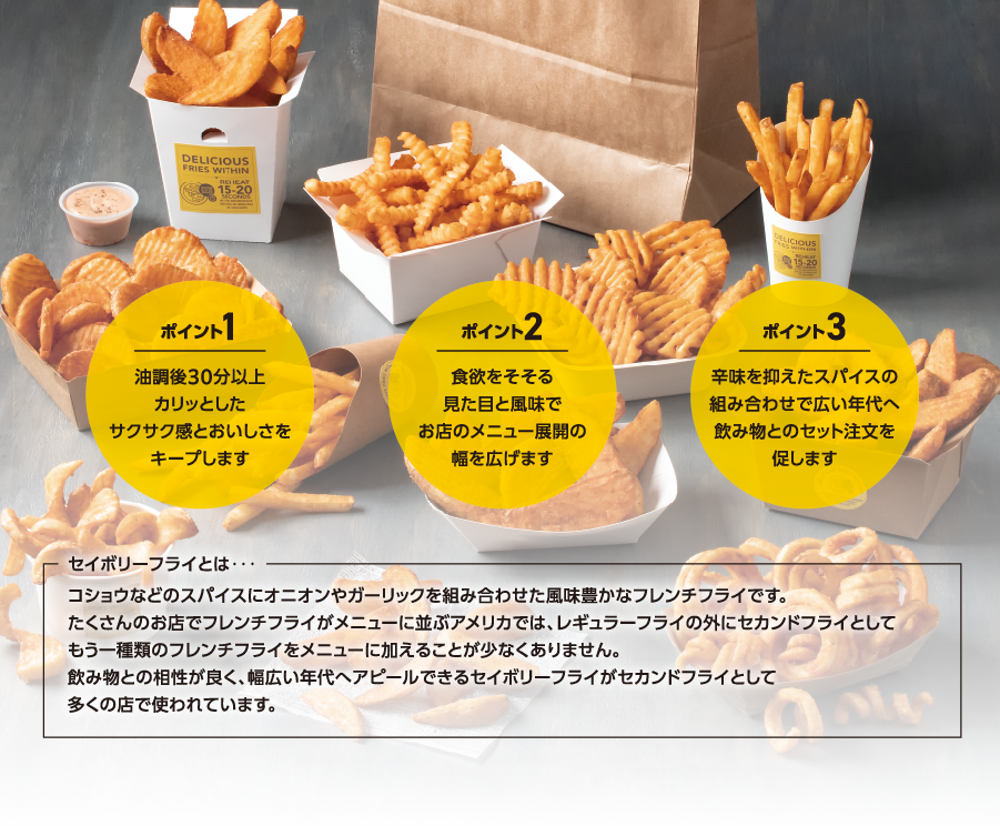 テイクアウトやデリバリー向けのフレンチフライに味の変化を加えてメニューのバリエーションに幅をプラスする商品